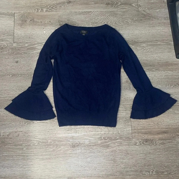 J. Crew Ruffle Sleeve CASHMERE Sweater Navy Blue Bell - xs - Picture 1 of 6